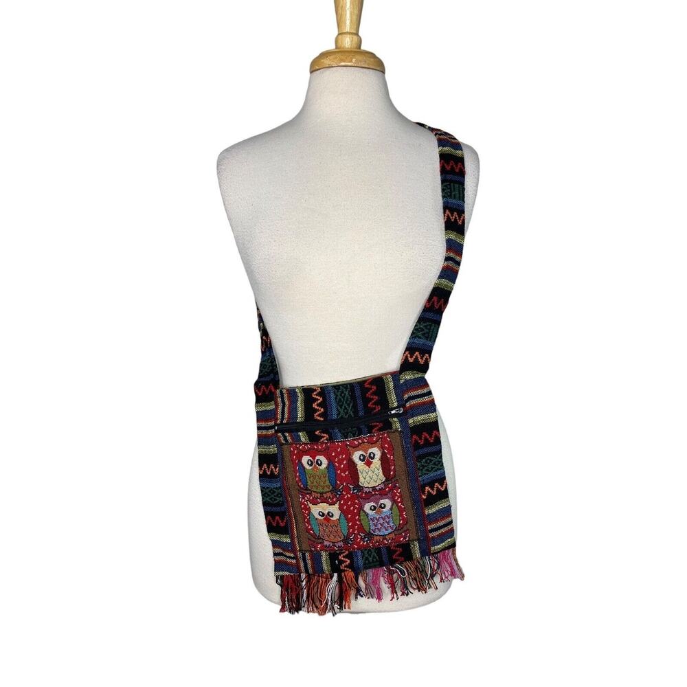 Owl Multicolored Fabric Crossbody Bag Tapestry Woven Colorful Zipper Purse Fring